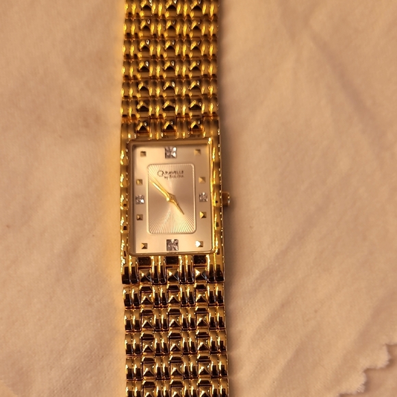 Caravelle BULOVA Gold Rectangular Watch with Crystal Accents - Picture 1 of 3